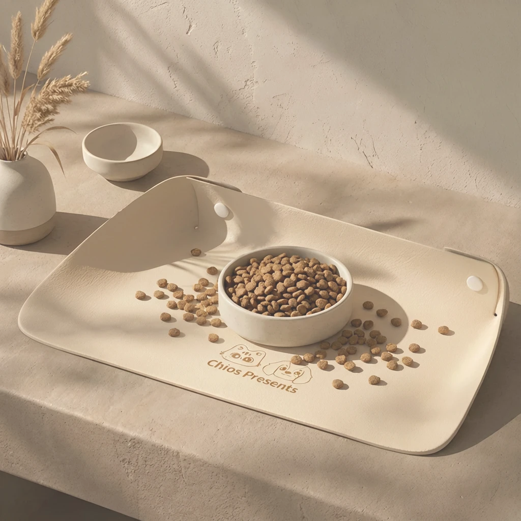 Cream leather pet feeding mat with semi-enclosed edges holds kibble and bowl, set on a textured surface with soft shadows and dried grass, embodying harmonious pet living in a minimalist interior.