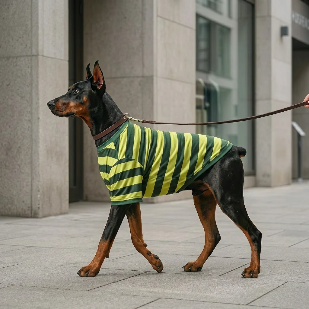 Doberman in NookPaws Deep Chest Striped Layer, a lightweight breathable tee with green-yellow stripes, walking calmly on city pavement, showcasing fit for deep-chested breeds.