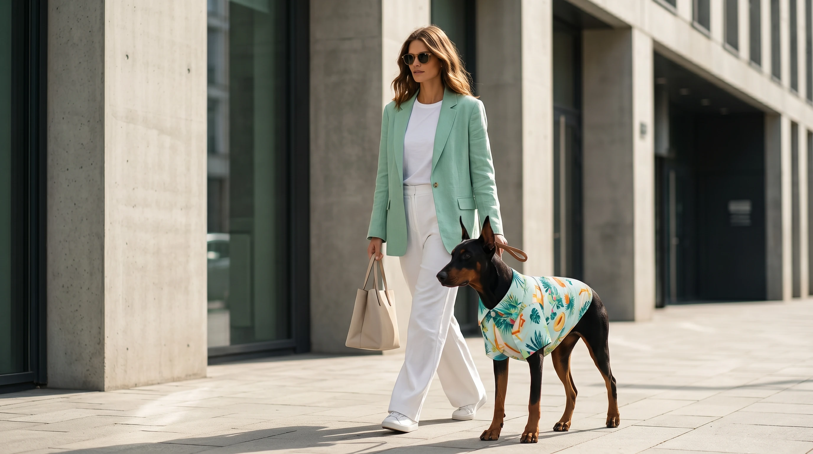 Doberman in lightweight tropical shirt with airy fabric, walking beside owner in urban setting, natural sunlight highlighting minimalist design for large-breed comfort and sun protection