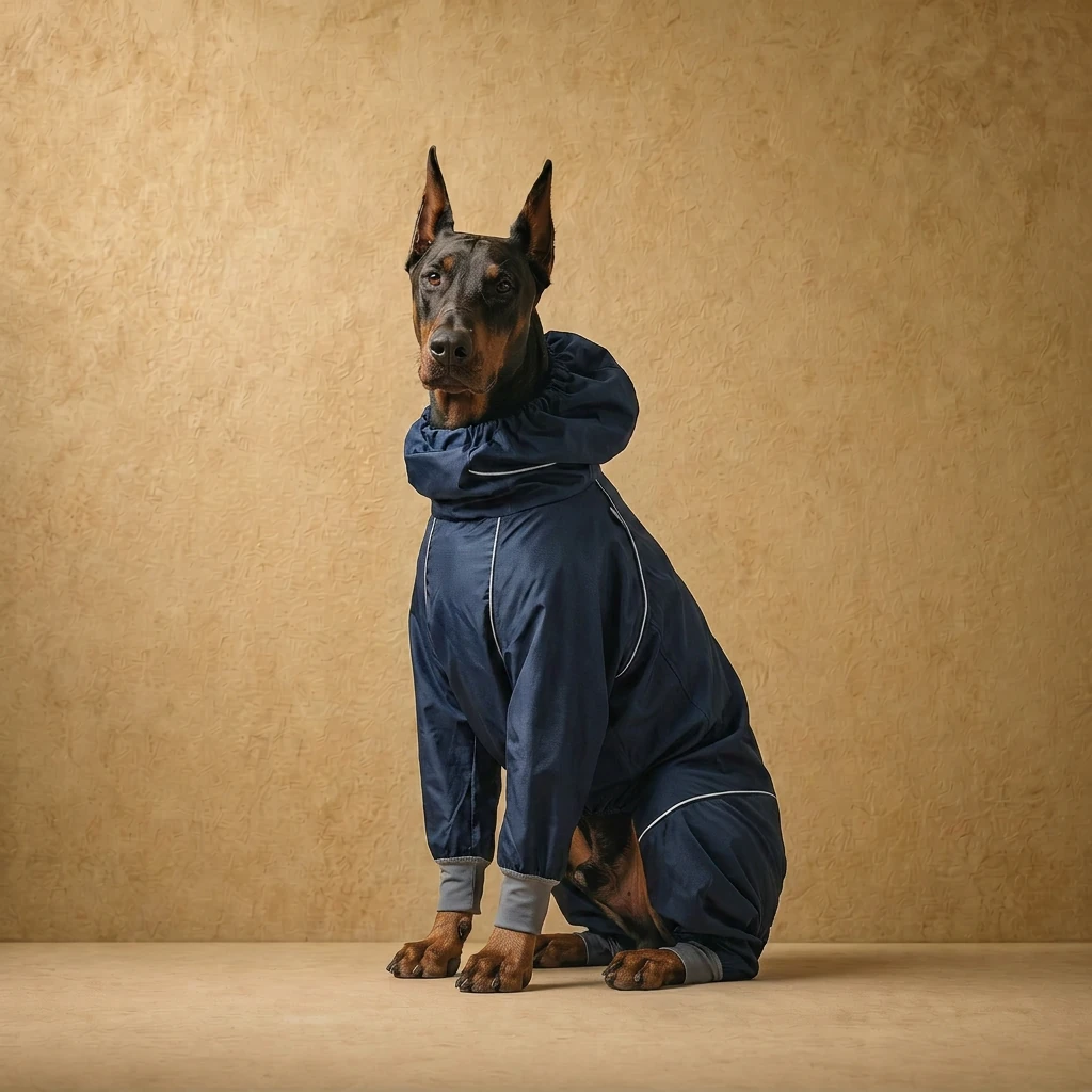 Doberman in a navy rainproof dog coat with full four-legged coverage, sleek fit, and high collar, designed for deep-chested breeds.