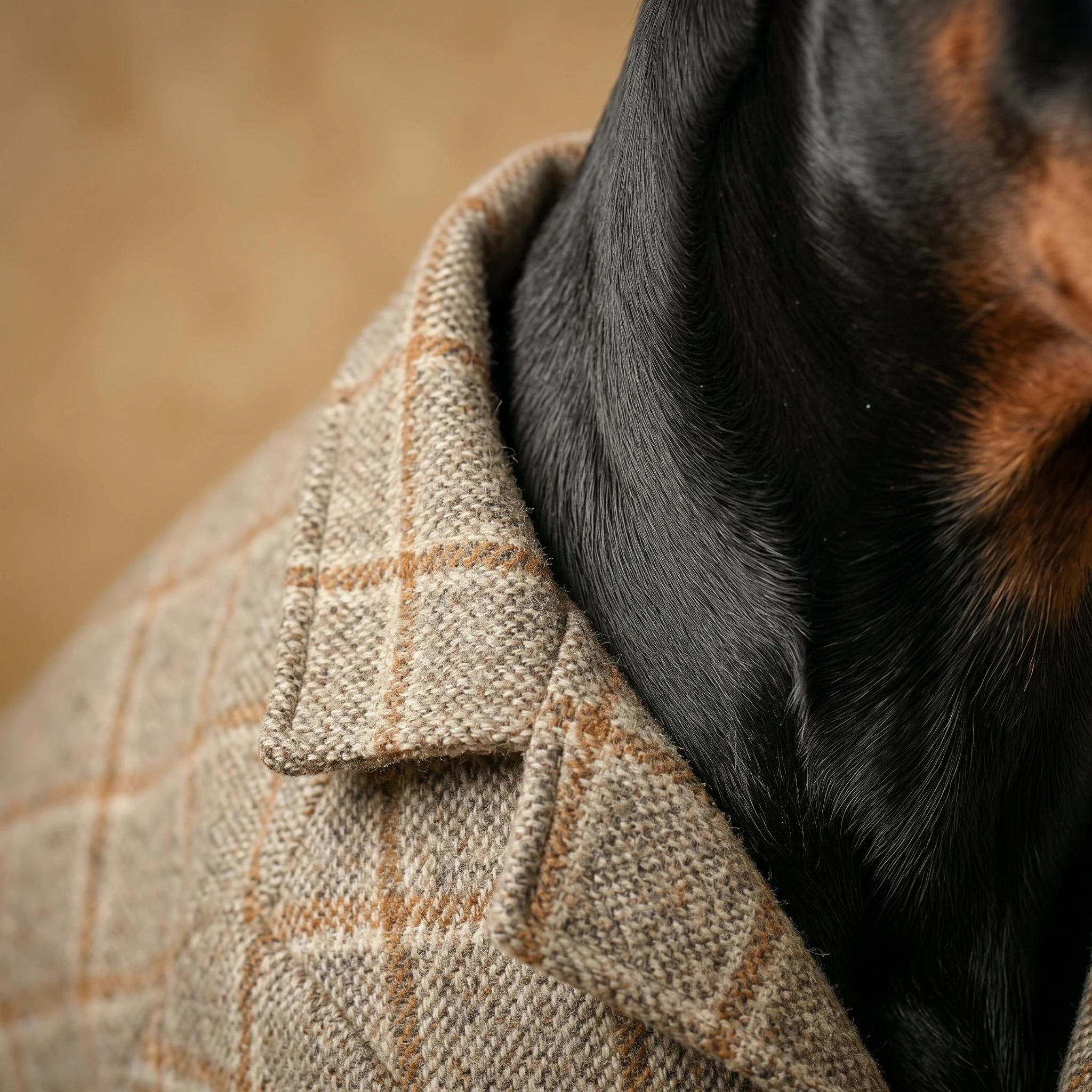 Structured wool-blend blazer for Dobermans, featuring soft plaid texture and clean collar line, tailored for deep-chested breeds in warm, earthy tones.
