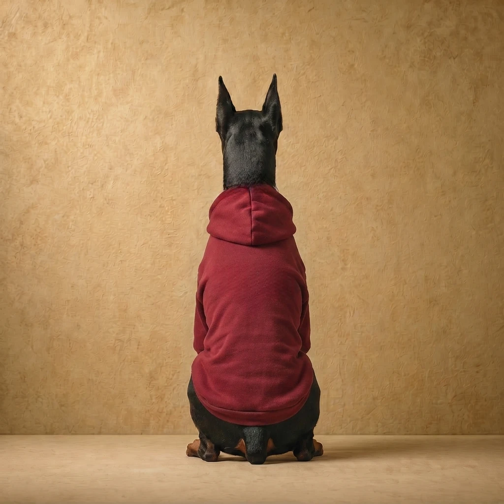 Doberman in a deep red fleece hoodie, back view showing athletic fit and clean lines, soft texture against warm neutral backdrop. Clothes that fit dobermans.