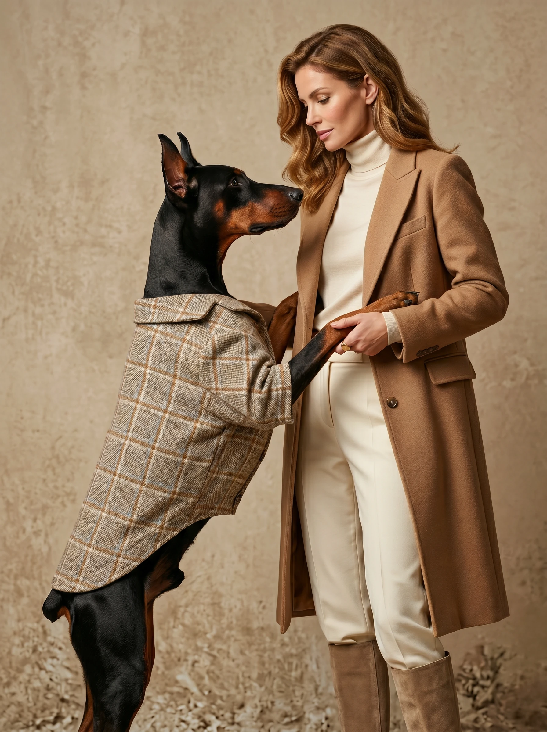 Doberman in tailored wool-blend blazer with plaid texture, standing close to a woman in matching coat—minimalist elegance for deep-chested breeds.