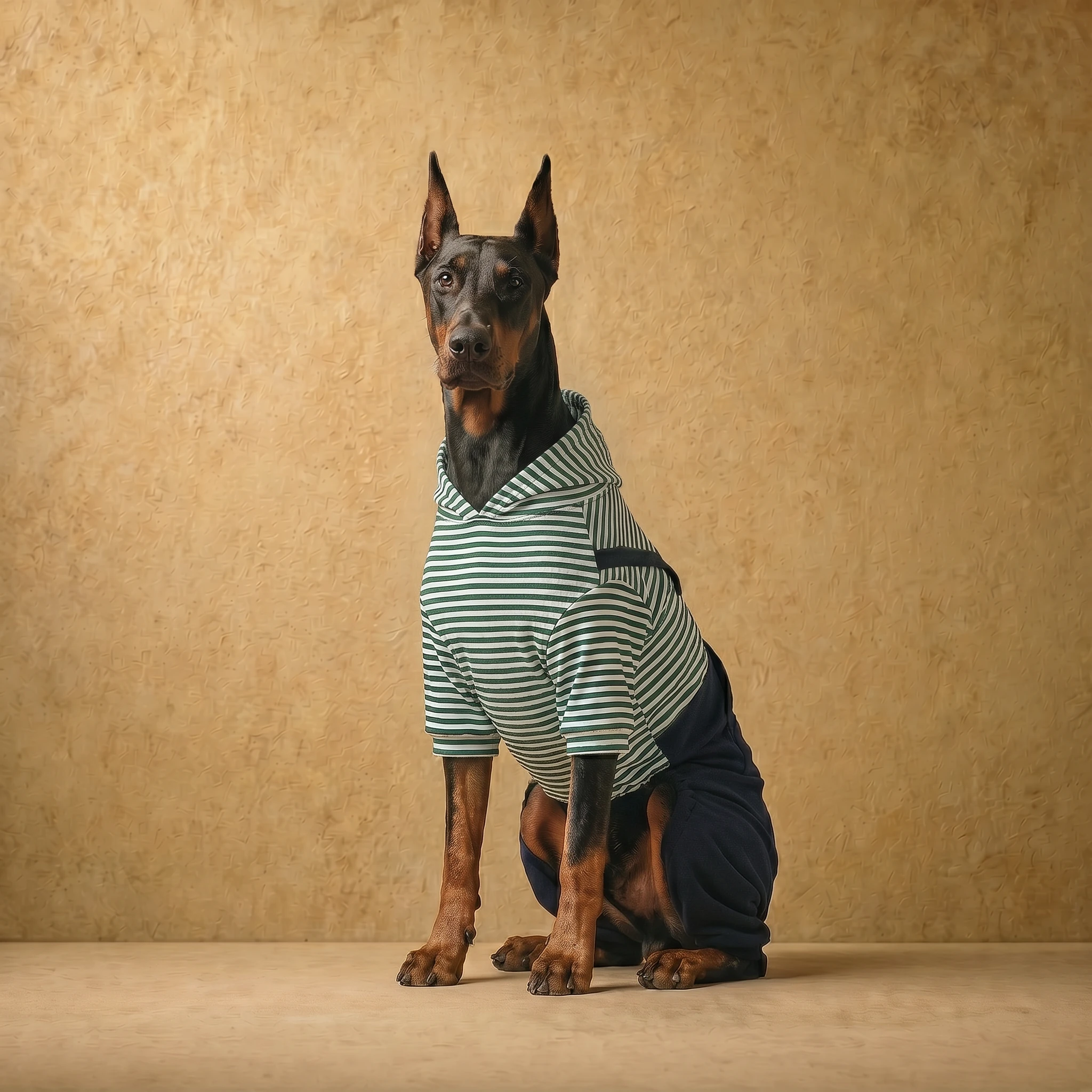 Doberman wearing a dark green and white striped full-coverage layer with fleece lining, designed for deep-chested breeds, featuring a snug fit that supports natural movement and thermal comfort.