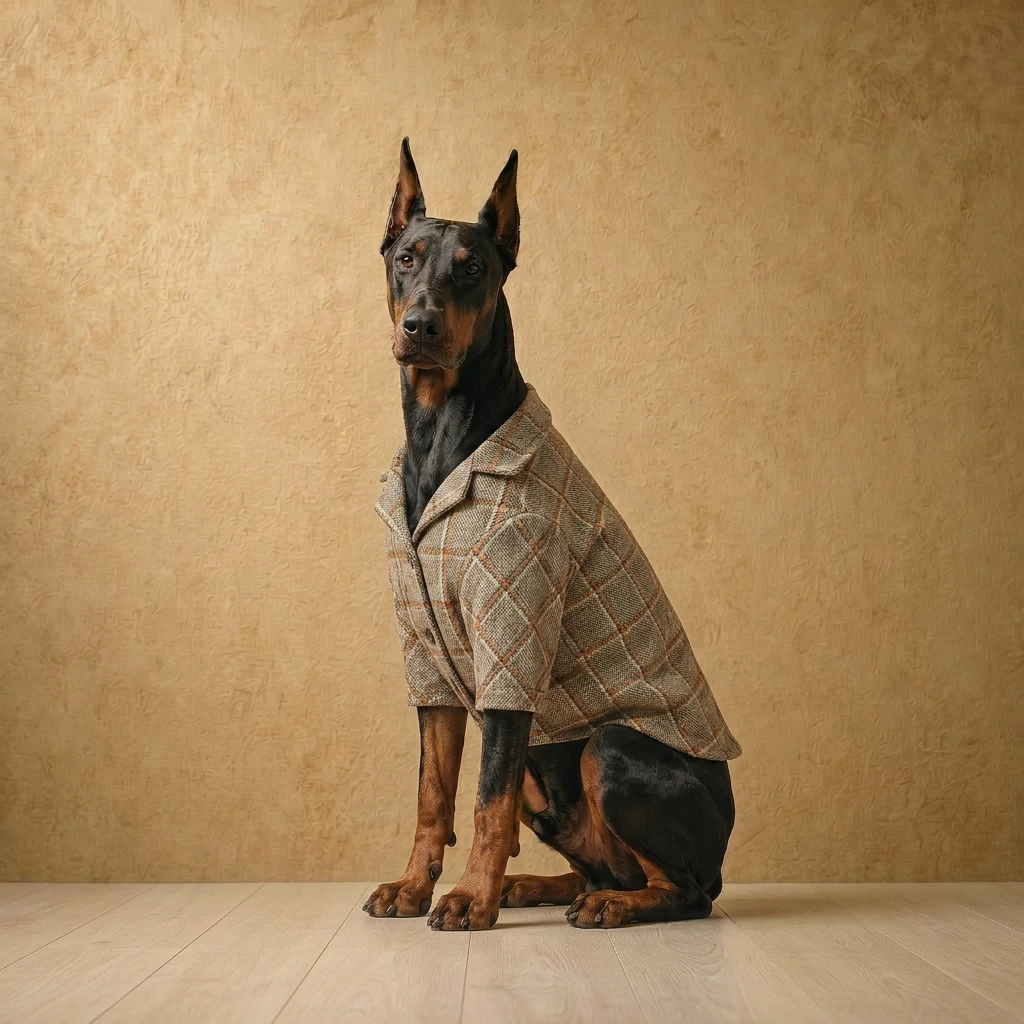 Doberman in a tailored khaki plaid wool-blend blazer, structured for deep chests, sitting upright on light wood flooring against a textured beige wall. Clothes that fit dobermans.