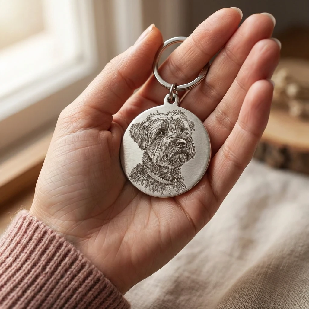 Hand holding a hand-finished silver pet portrait pendant with a detailed dog engraving, set against soft natural light and a calm, minimalist interior—crafted for harmonious pet living.