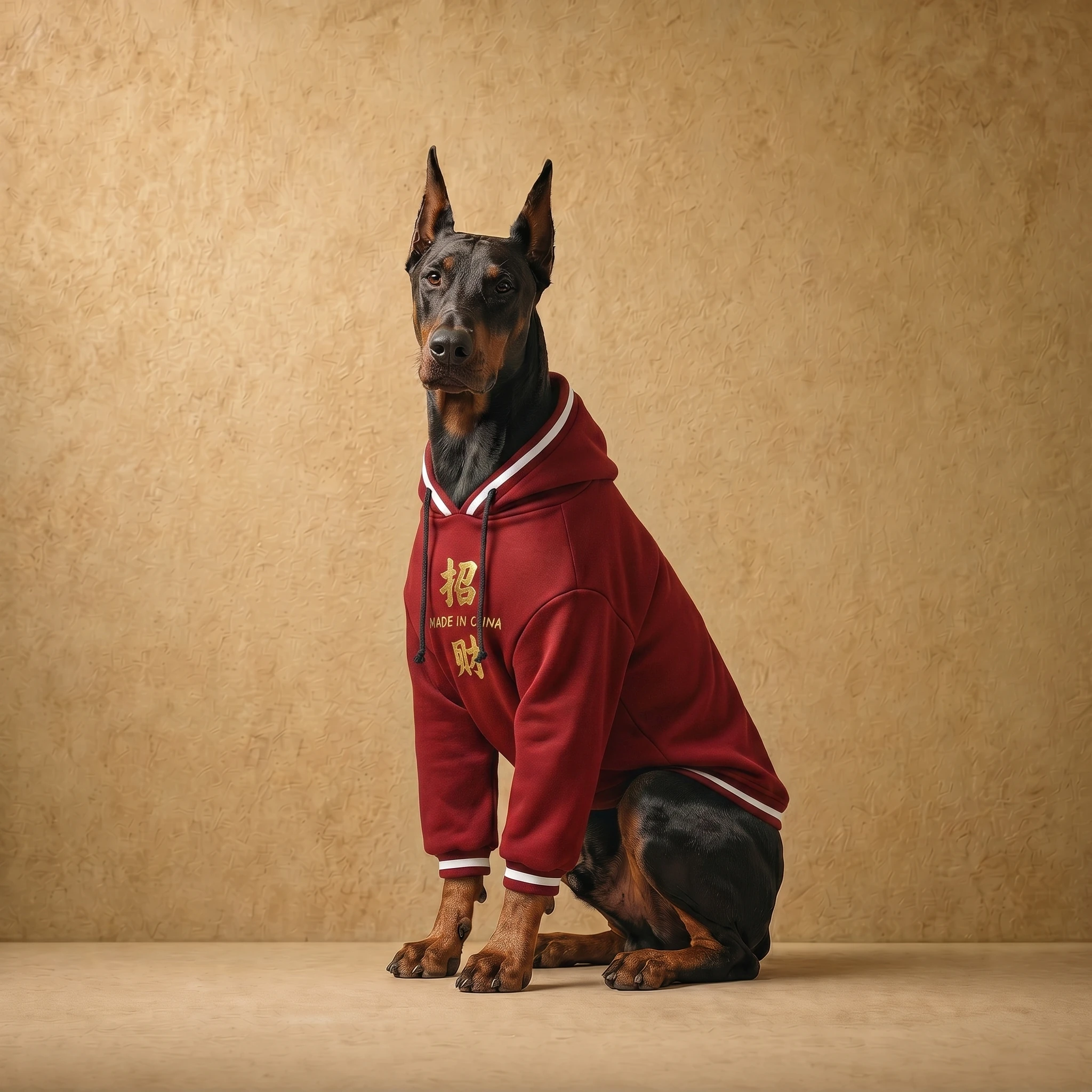 Doberman in a crimson red fleece hoodie with white trim, featuring a close athletic fit and gold lettering, designed for deep-chested large breeds.