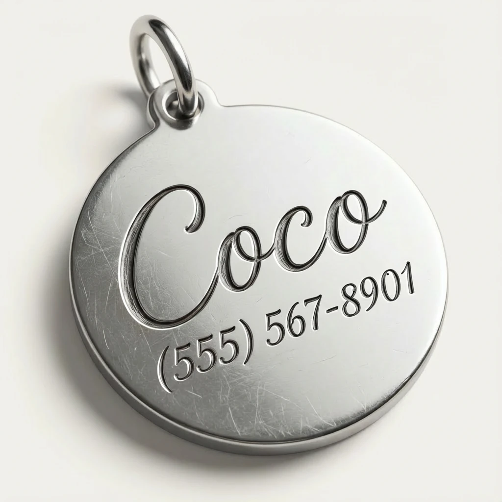 Polished silver pet pendant engraved with "Coco" in elegant script and contact number, hand-finished for harmonious pet living.