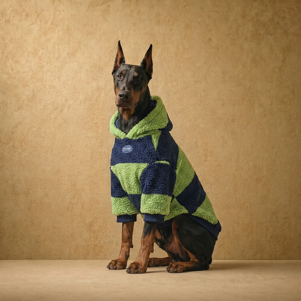 Doberman wearing a navy and olive stripe sherpa sweater with a close athletic fit, showcasing the deep-chested dog apparel in a clean, neutral studio setting.