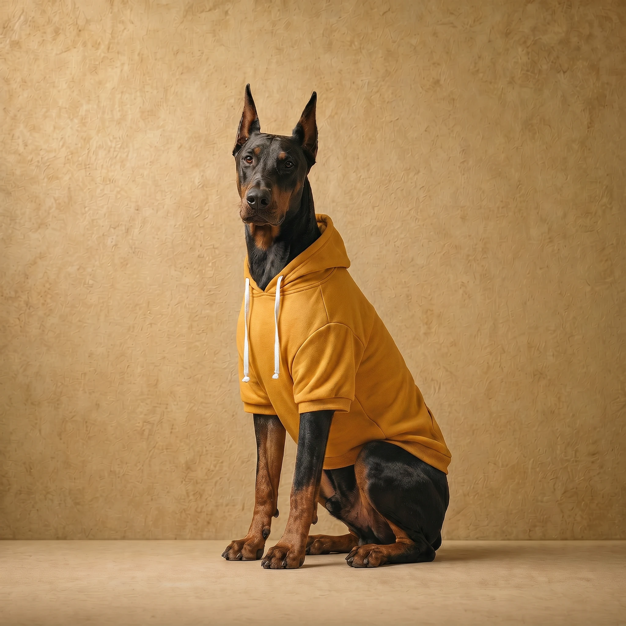 Doberman in a soft ochre hoodie with white drawstrings, sitting upright against a textured beige backdrop. Clean, athletic fit for a deep-chested build. Clothes that fit dobermans.