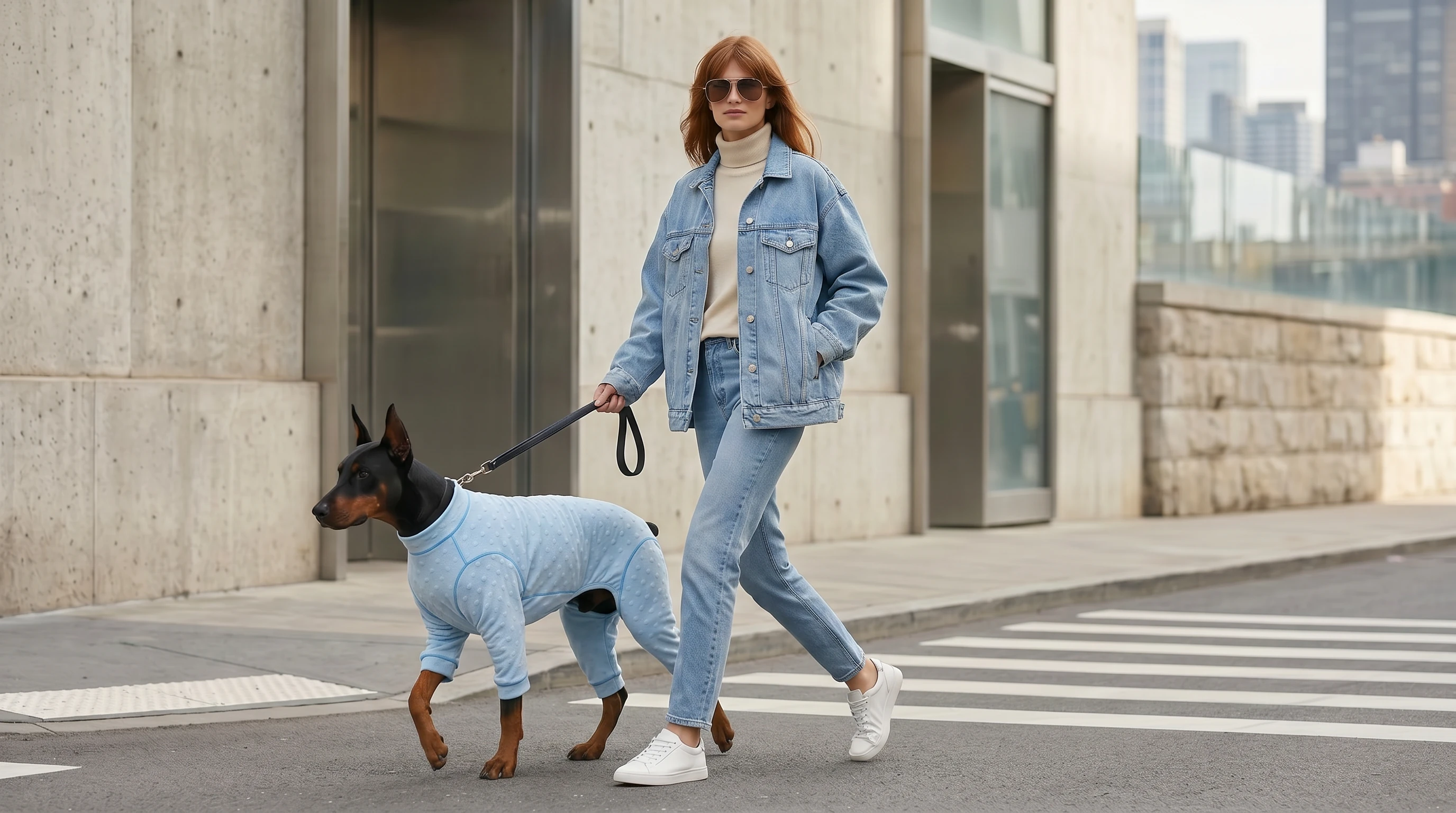 Doberman in light blue NookPaws™ Deep Chest Indoor Layer, soft textured fabric, minimalist design, walking urban street with owner in neutral tones, calm functional dog apparel for deep-chested breeds.