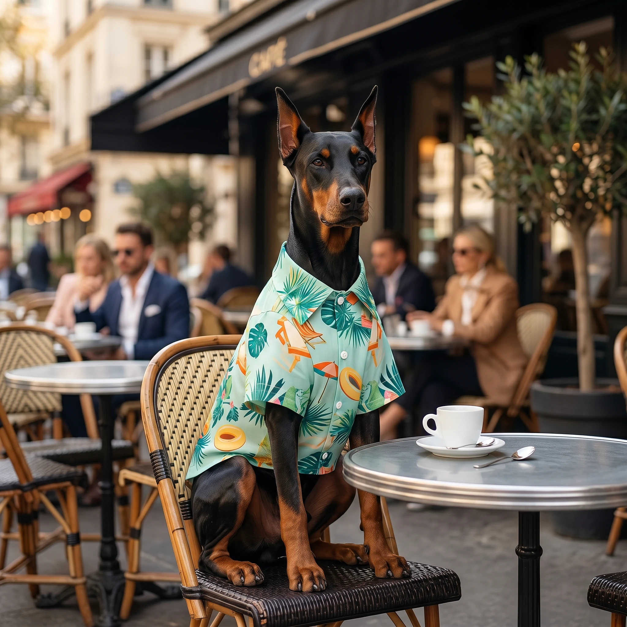 Doberman in lightweight summer shirt with tropical print, seated at Parisian café, breathable fabric catching soft golden-hour light, minimalist dog apparel for deep-chested breeds
