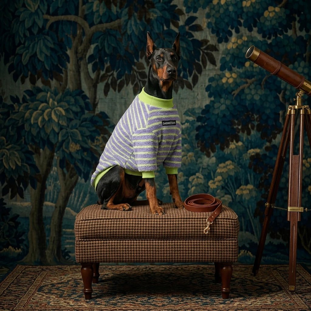 Doberman in NookPaws deep-chested fleece sweater with lime green trim, sitting poised on a houndstooth ottoman against rich botanical tapestry.