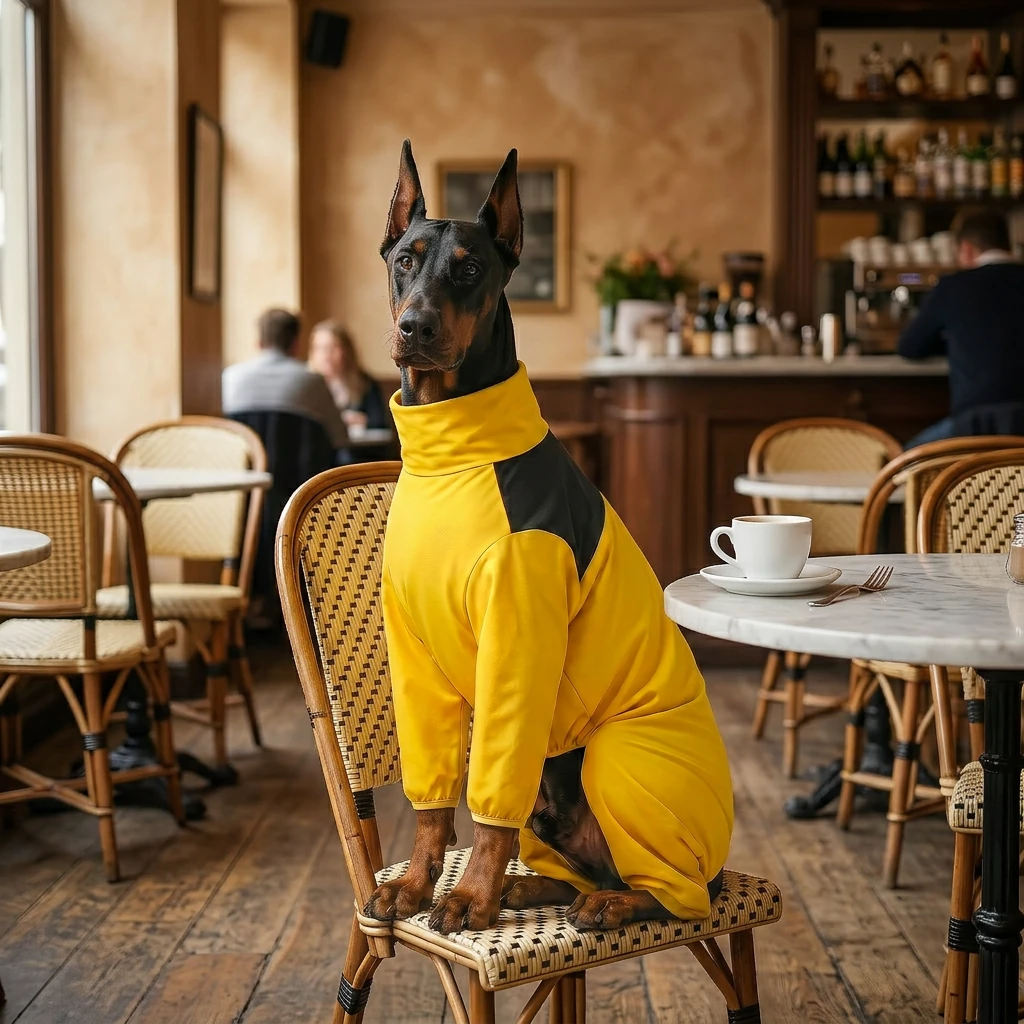 Doberman in yellow waterproof rain layer, seated at café table, minimalist design fits deep-chested breed with full coverage and calm elegance.