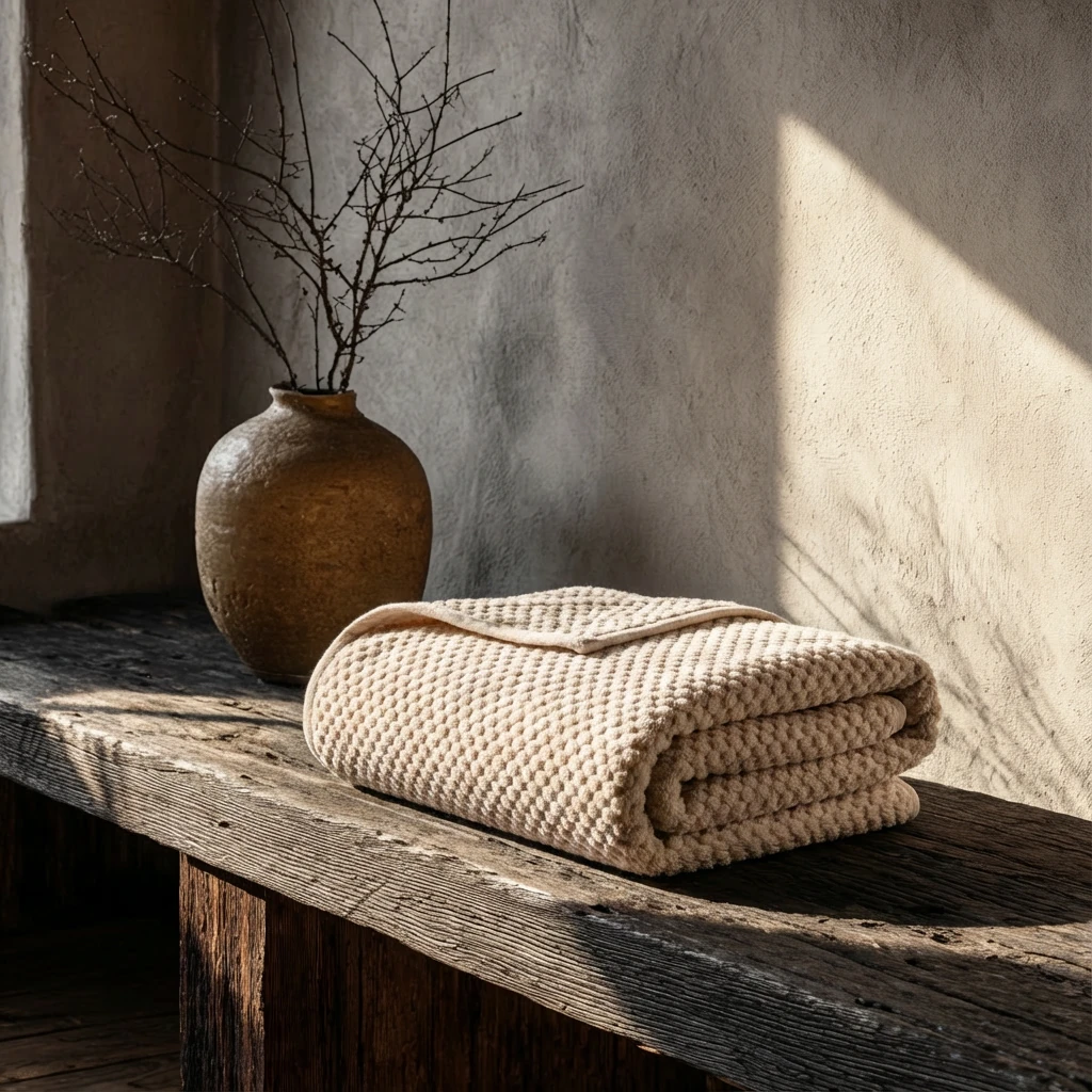 Folded waffle-weave coral fleece towel rests on weathered wood bench beside rustic ceramic vase with bare branches, bathed in soft sunlight, embodying calm interior styling and wabi-sabi aesthetic.