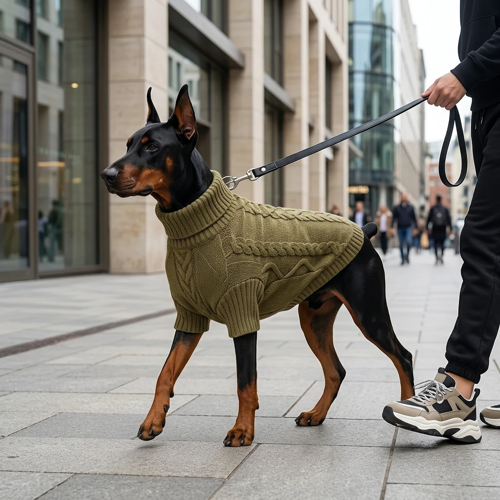 Doberman in NookPaws Deep Chest Cable Sweater, olive green cable knit thermal layer for large breeds, city walk, minimalist urban style, soft natural light.