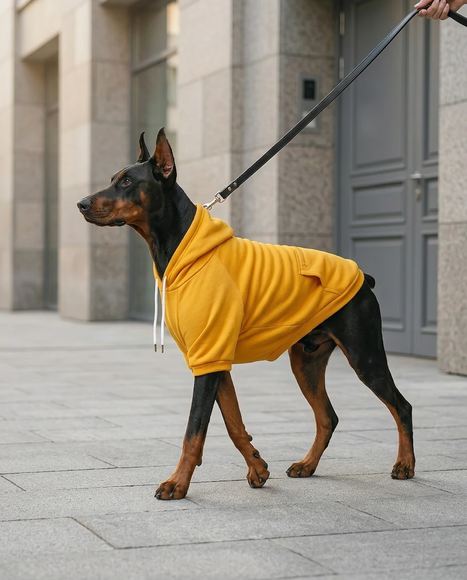 Doberman in mustard yellow hoodie, mid-weight fabric, urban walk, wabi-sabi minimalism, functional deep-chested dog apparel