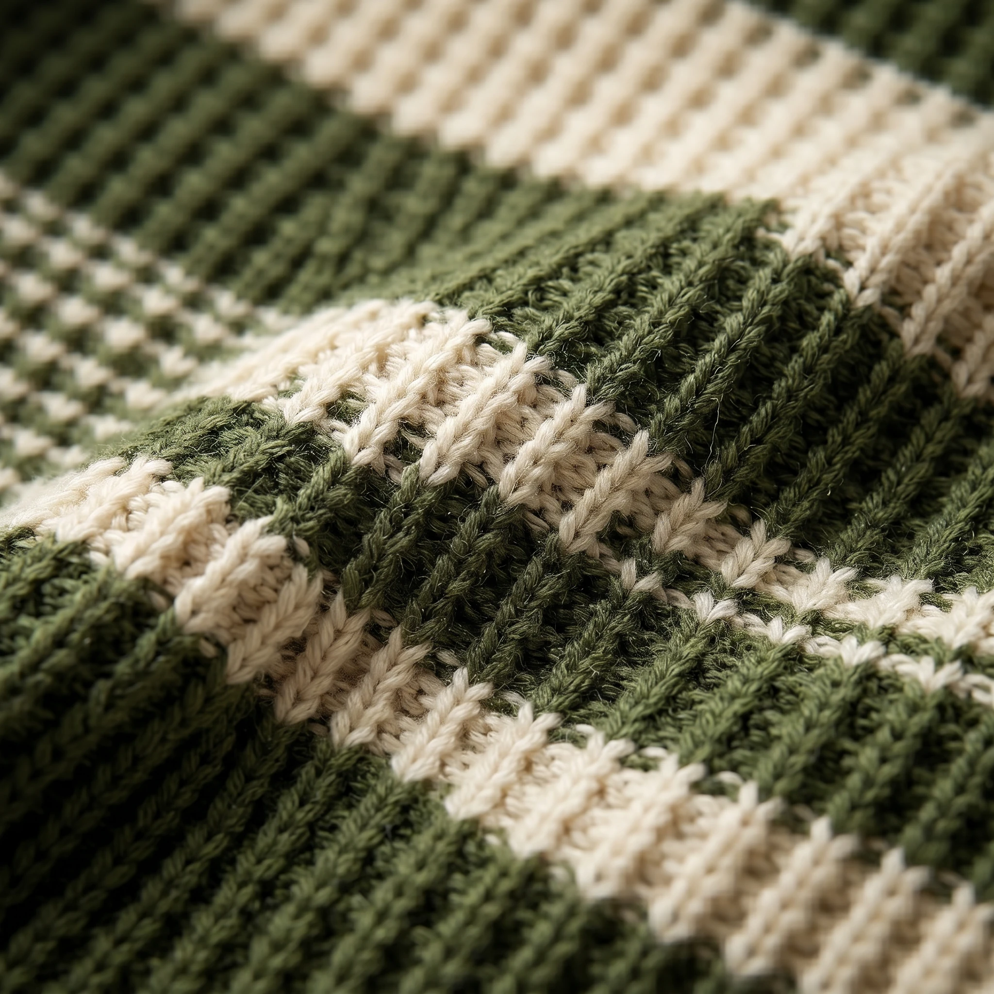 Green and cream striped waffle-knit dog sweater for deep-chested breeds, showcasing soft texture and minimalist design in natural light.