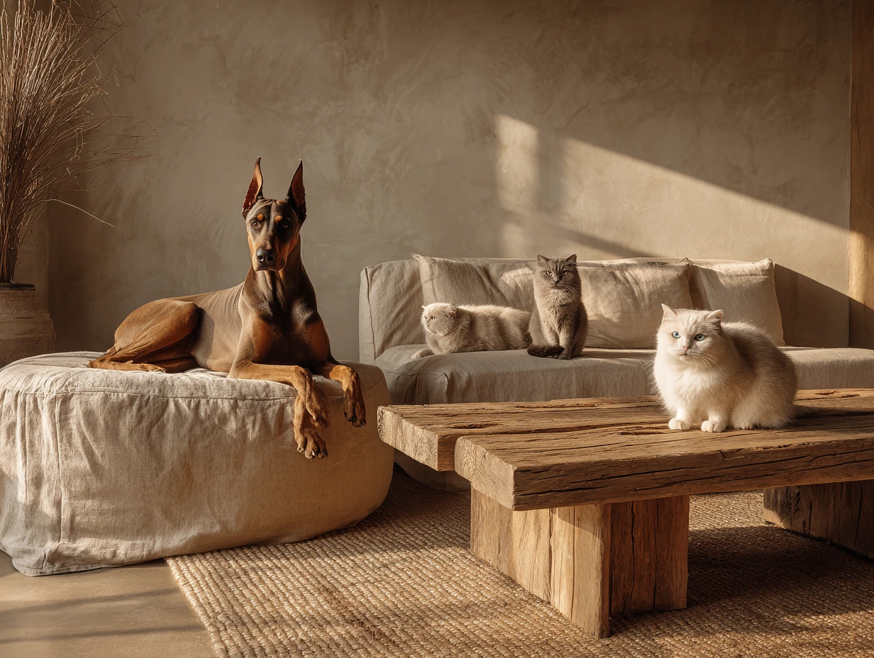 A Doberman rests on a linen pet bed beside a low sofa where three cats lounge, all nestled in a sunlit, minimalist interior with textured walls, a rustic wood coffee table, and a woven rug—harmonious pet living.