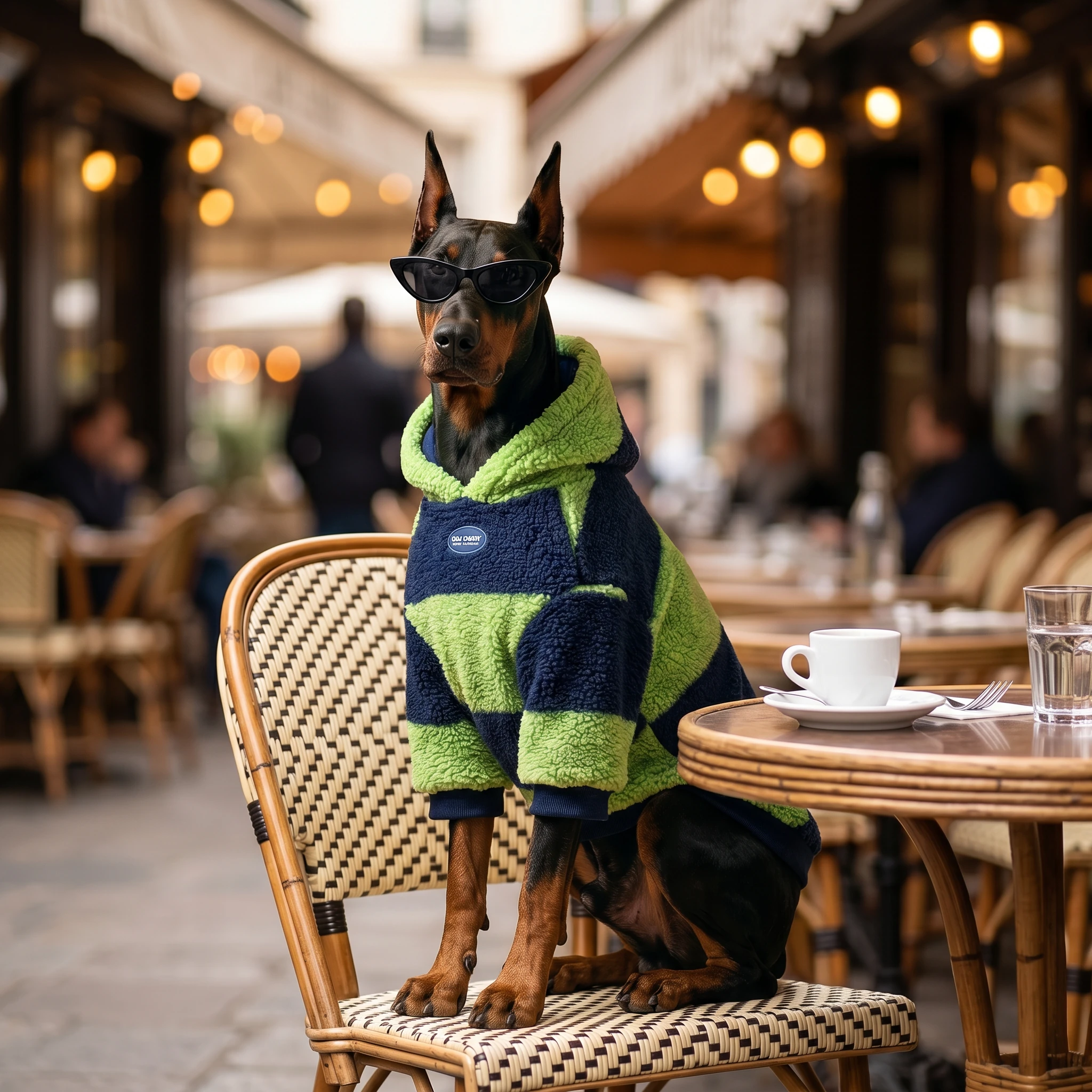 Doberman in navy and lime green fleece hoodie with plush lining, seated at a Parisian café — minimalist dog apparel for deep-chested breeds in warm, ambient light.
