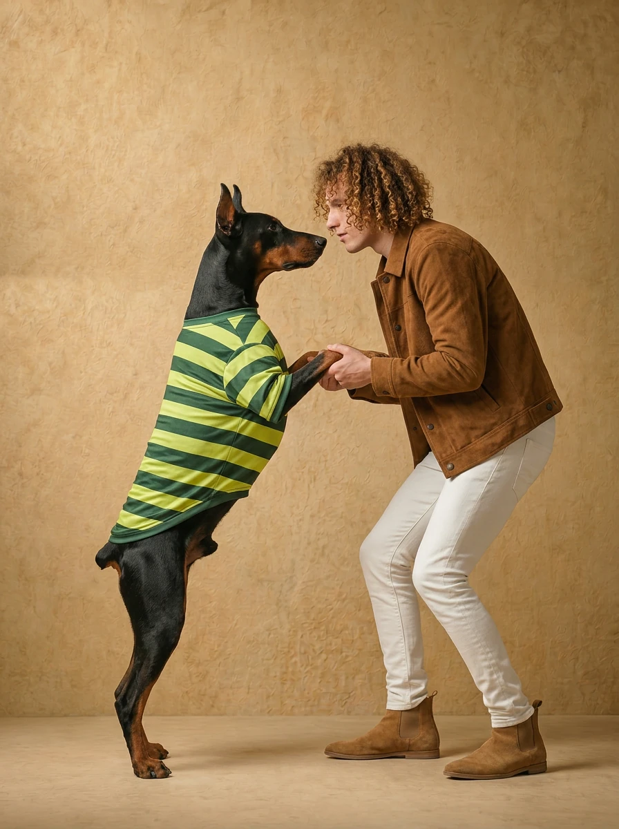 Doberman in NookPaws Deep Chest Striped Layer — breathable, minimalist tee in chartreuse and olive stripes, designed for deep-chested breeds, styled with neutral tones and soft studio lighting.