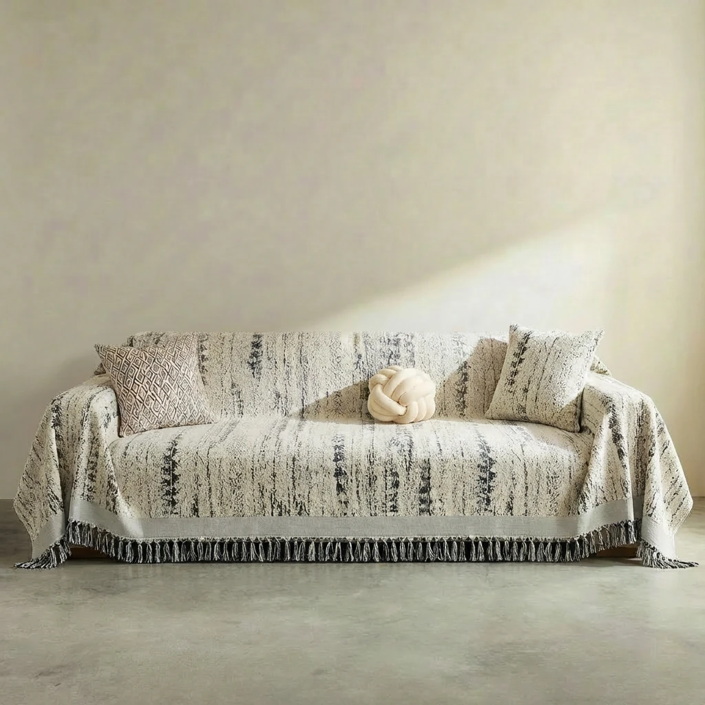 Charcoal black woven chenille throw draped over a minimalist sofa, featuring textured vertical patterns and fringe edges, complementing a calm, wabi-sabi interior with soft natural light.