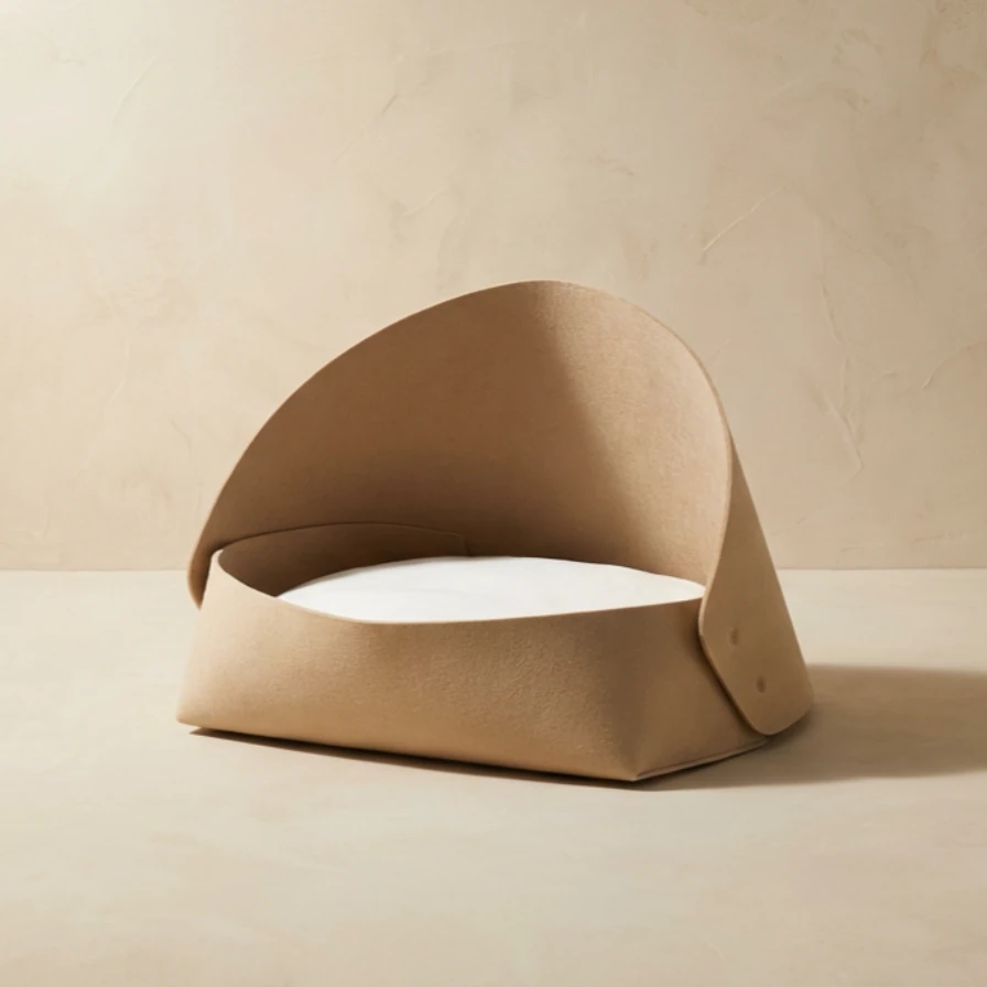 Cream white minimalist cat cave crafted from thickened felt, featuring a sculptural semi-enclosed design with snap-button details, set against a soft neutral backdrop for harmonious pet living.