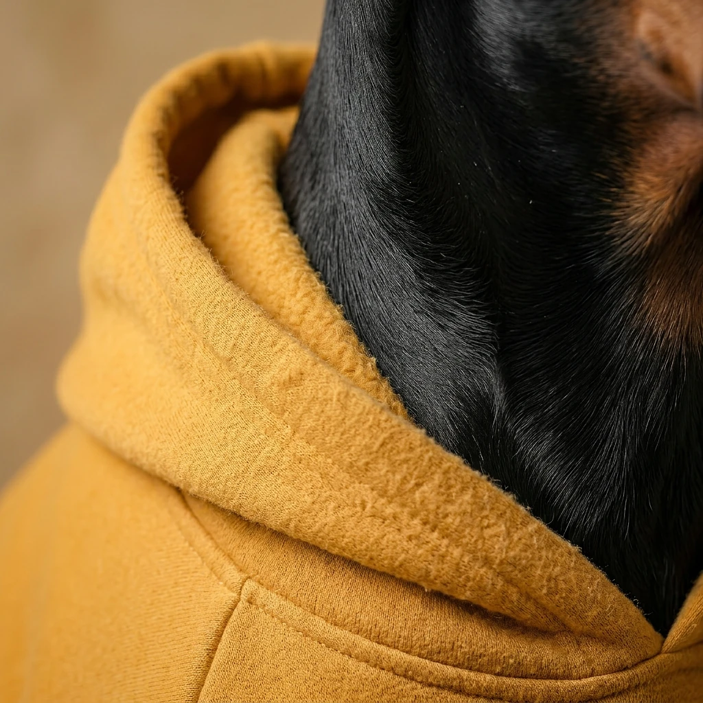 Warm mustard hoodie for deep-chested Doberman, soft fleece lining, snug neck fit, minimalist dog apparel design, natural light highlighting texture.