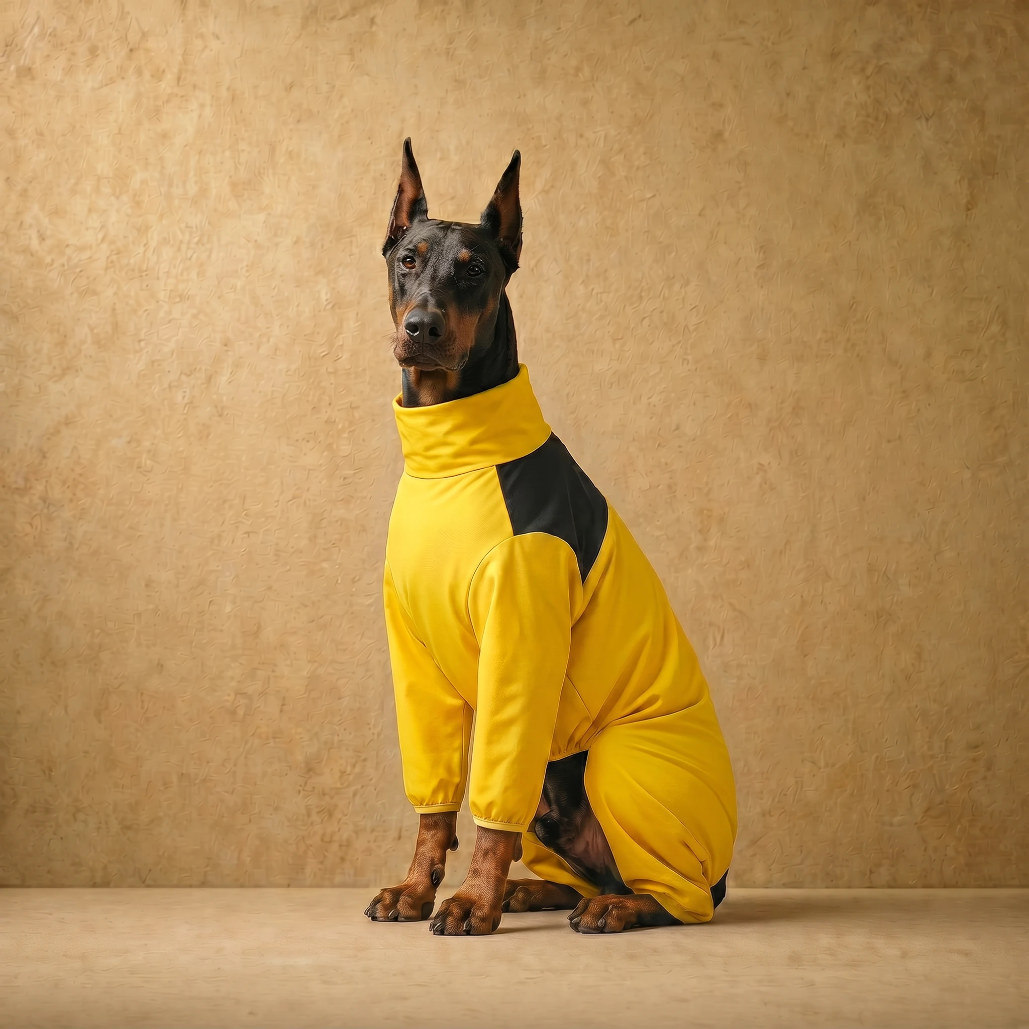 Doberman wearing a bright yellow full-coverage rain layer with black accents, designed for deep-chested dogs, featuring a snug athletic fit and high neck for weather protection.