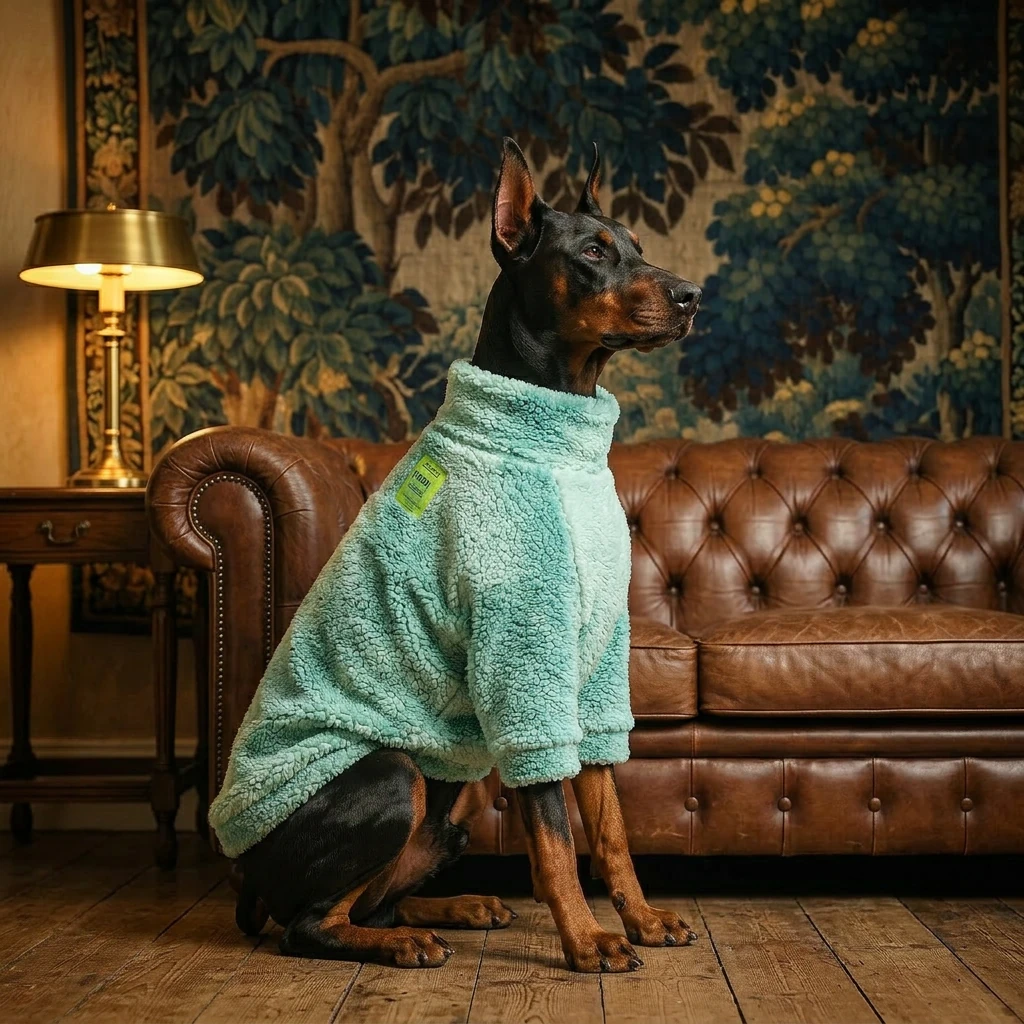 Doberman in NookPaws™ Deep Chest Fleece Sweater, soft sherpa texture, warm lighting, minimalist fit for large-breed dogs, calm indoor setting.