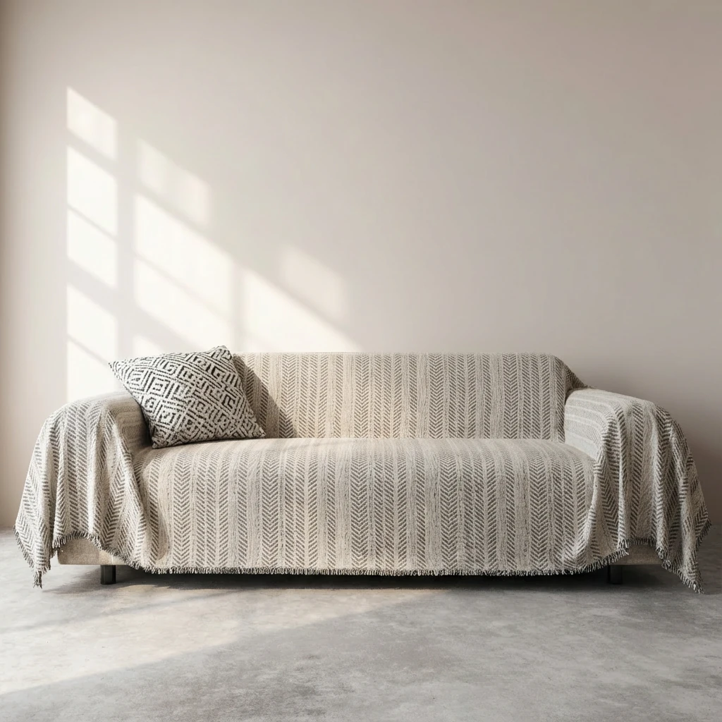 Soft gray chevron woven chenille throw drapes over a minimalist sofa, its textured pattern catching sunlight in a calm, wabi-sabi living space.