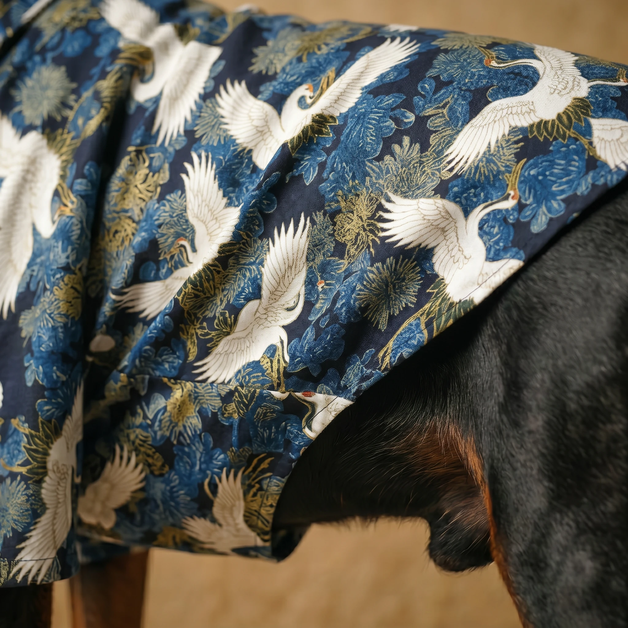 NookPaws™ Lightweight Doberman Shirt in navy with white cranes and floral print, fitted on a Doberman’s deep chest—minimalist, breathable layer for large breeds.