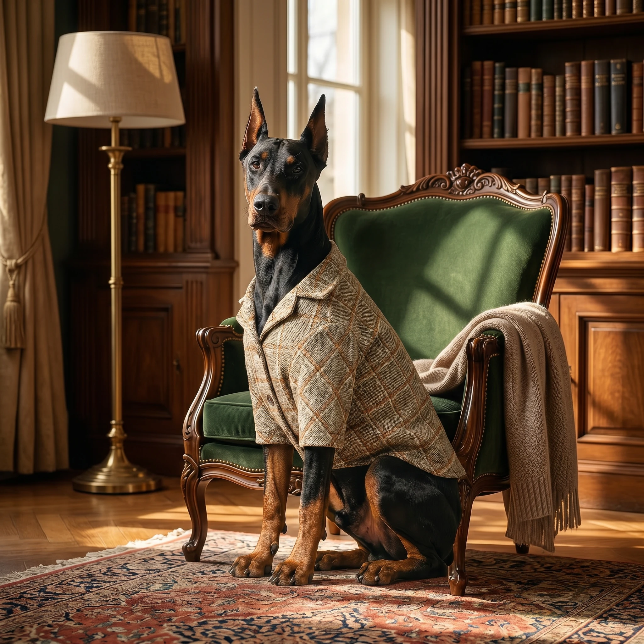Doberman wearing NookPaws wool-blend blazer in a sunlit study, textured plaid fabric draping over deep chest, calm elegance in minimalist formal wear for large breeds