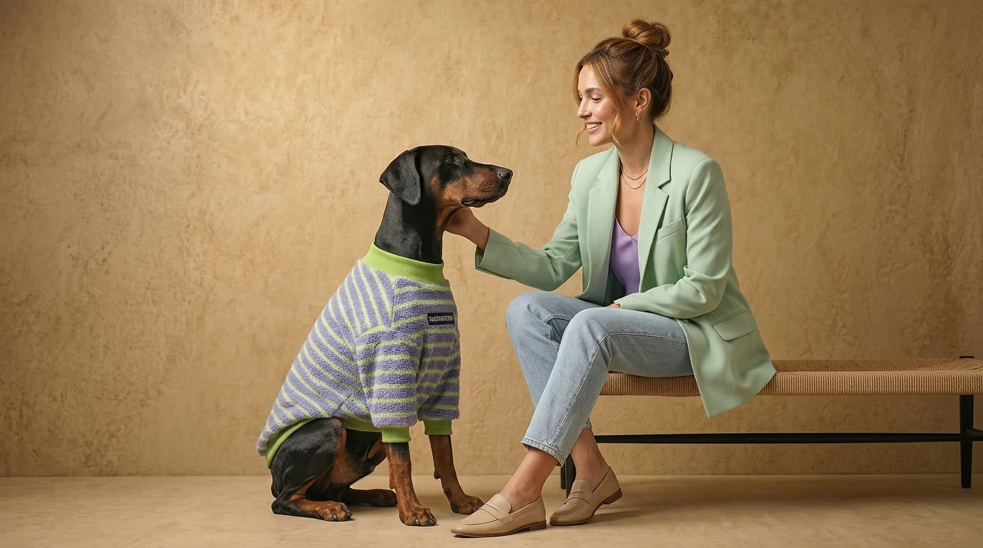Doberman in NookPaws Deep Chest Fleece Sweater, soft purple-lime stripes, minimalist wabi-sabi studio lighting, high-density polar fleece texture, calm interaction with owner