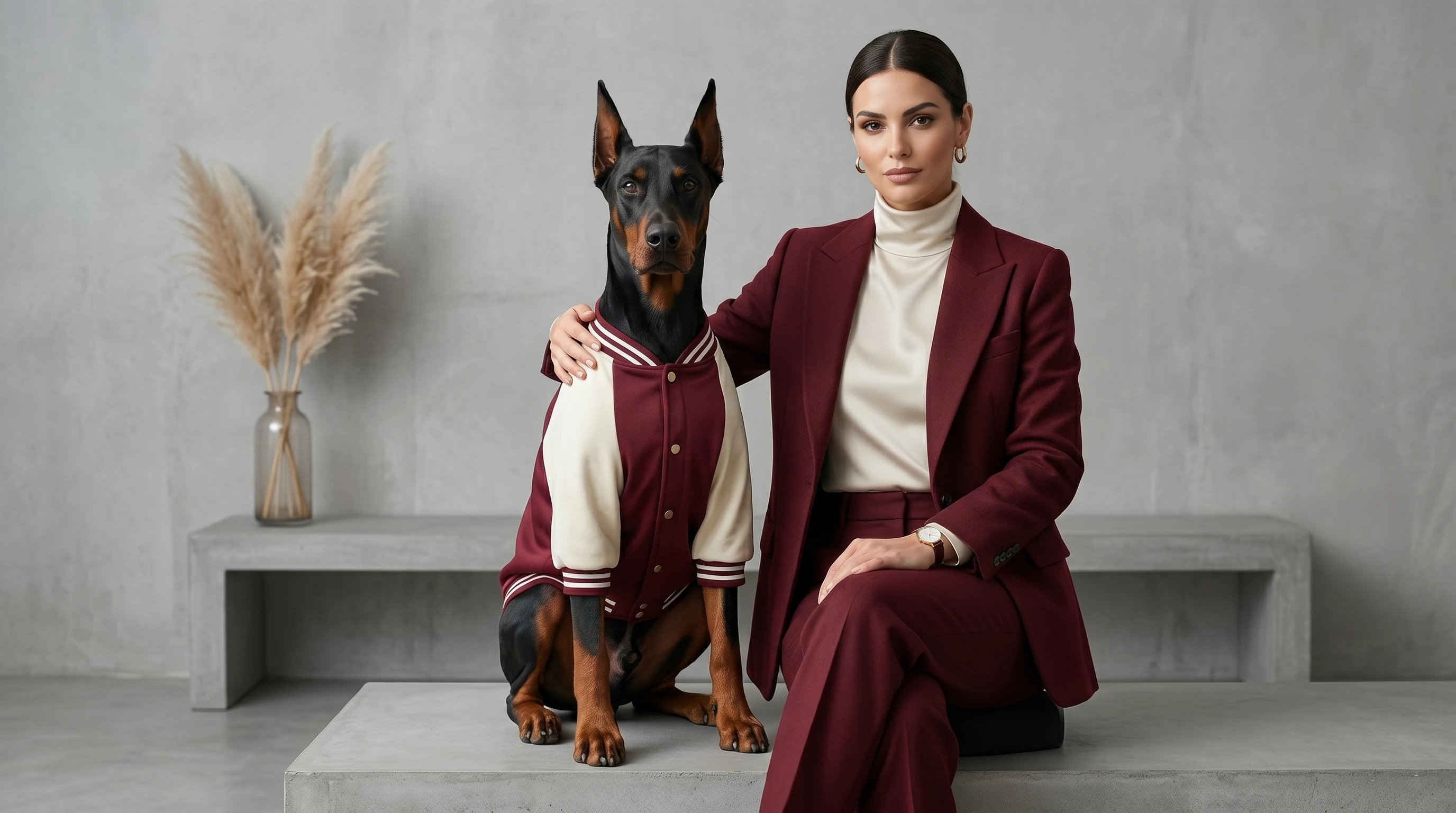 Doberman in NookPaws™ Varsity Jacket, maroon and cream varsity style with ribbed trim, sitting beside owner in matching suit against minimalist concrete backdrop, soft natural light highlighting textured fabric and calm, functional design for deep-chested breeds.
