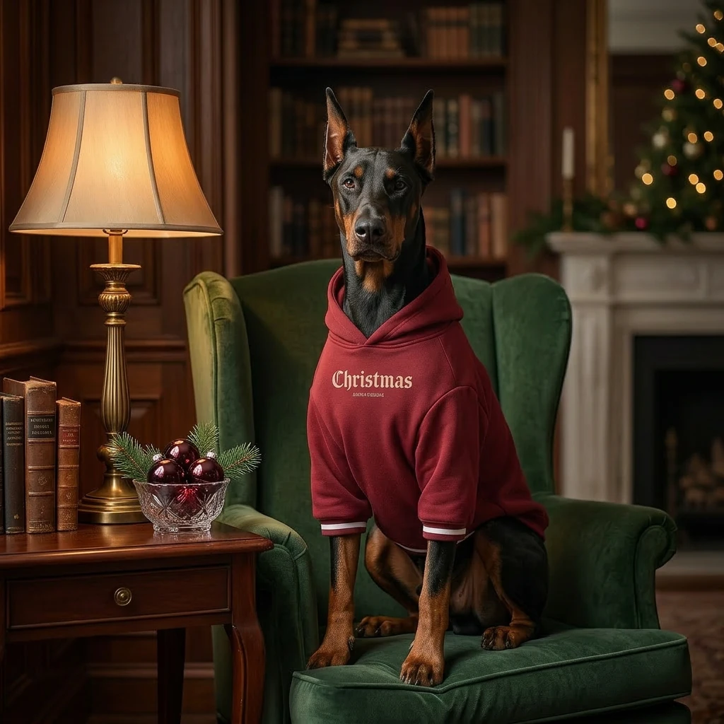 Doberman in NookPaws™ fleece hoodie, deep chest fit, minimalist red pullover with soft texture, calm indoor lighting, classic green armchair, warm glow from lamp and fireplace.
