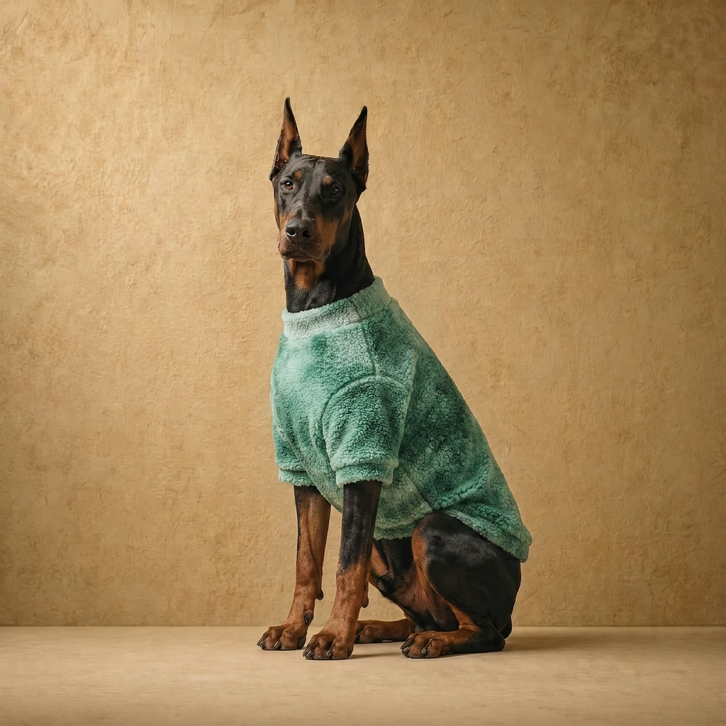Doberman in a mist green high-loft sherpa fleece sweater, designed for deep chests, with a clean fit and soft texture against a neutral backdrop.