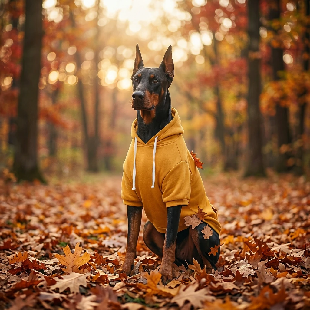Doberman in mustard yellow deep-chested dog hoodie, sitting amid golden autumn leaves, soft sunlight filtering through trees, minimalist functional fit for active wear