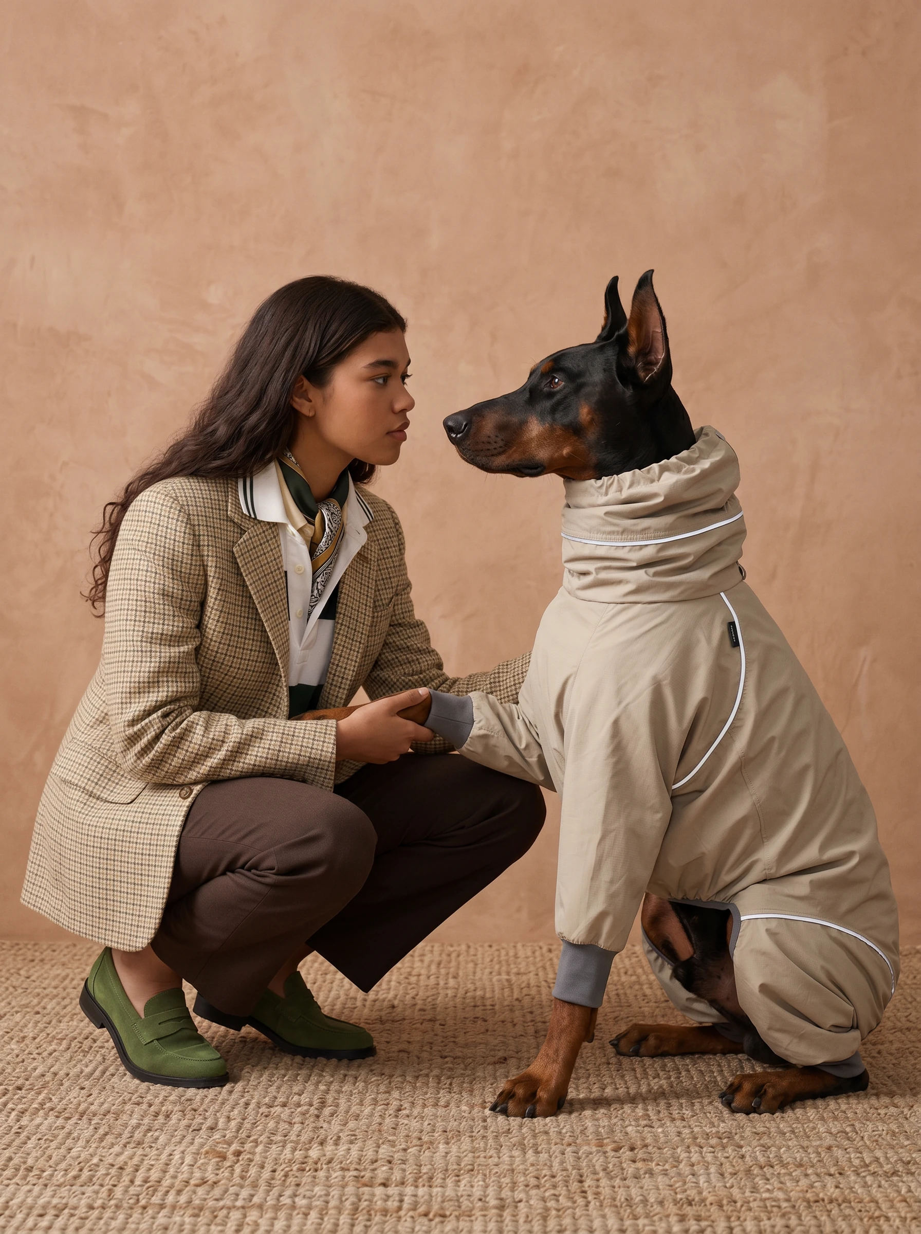 Doberman in NookPaws rainproof coat, full-coverage waterproof layer with soft texture, calm minimal design for deep-chested breeds, warm earth tones, indoor studio lighting, Wabi-sabi aesthetic