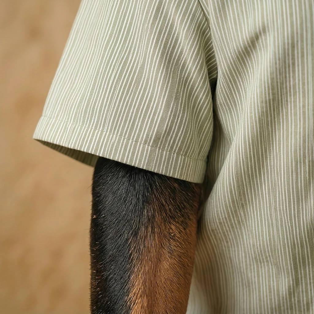 Olive-green striped cotton-linen shirt for deep-chested dogs, showcasing clean seams and breathable texture against natural light, with a Doberman’s leg visible beneath the hem.