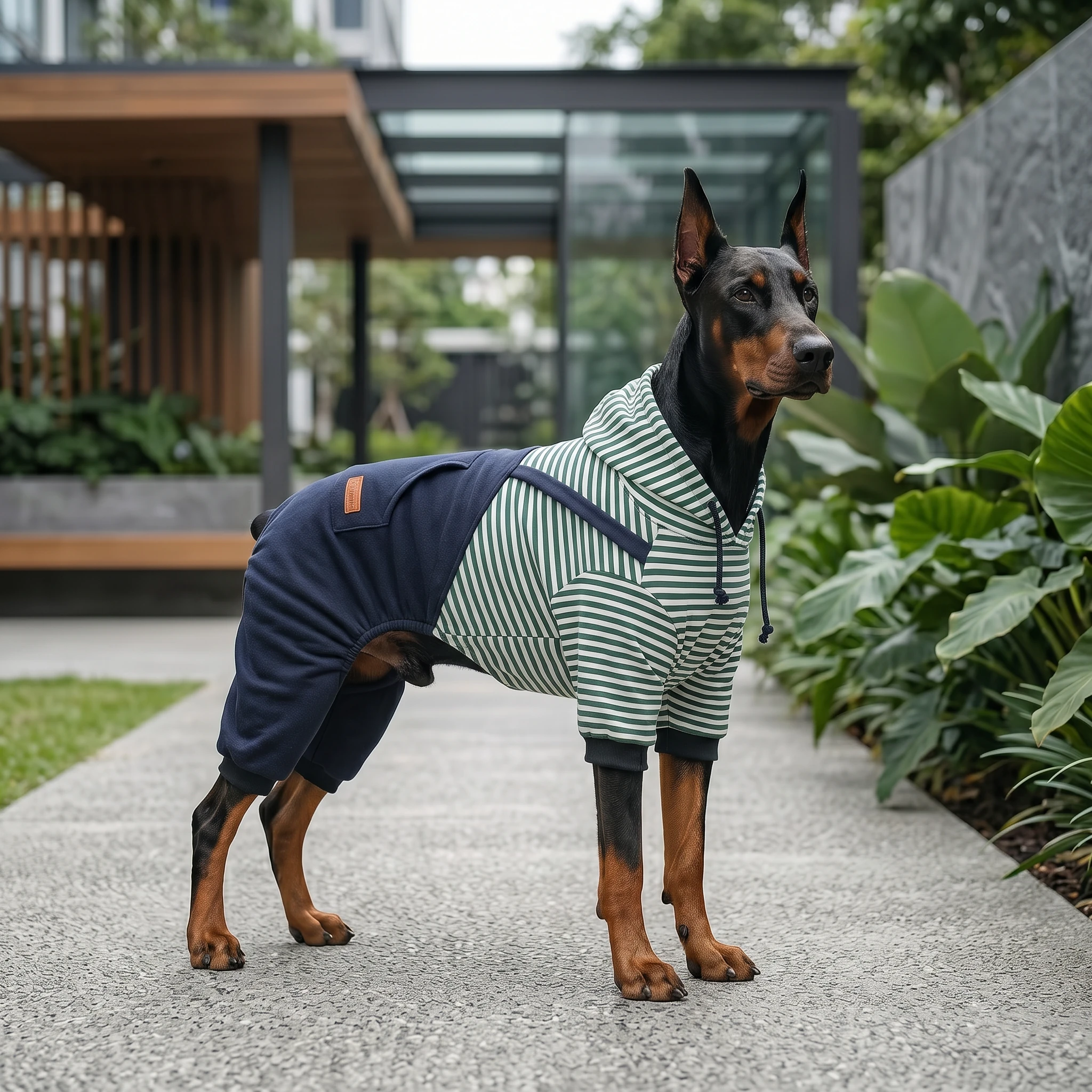Doberman in NookPaws full-coverage layer with green-white striped front and navy back, fleece-lined for warmth; minimalist design fits deep-chested breed comfortably, soft texture, natural light, modern garden setting.