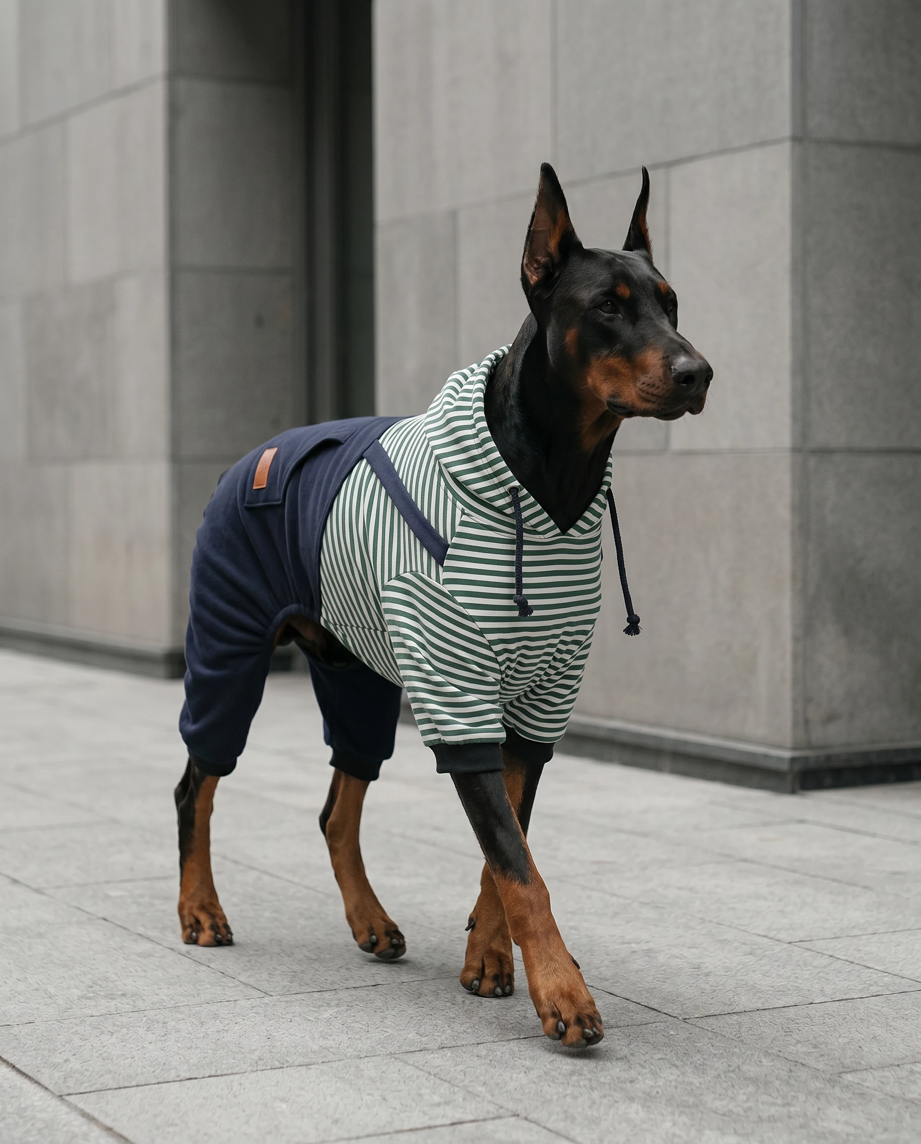 Doberman in NookPaws full-coverage layer with green-white striped hoodie and navy fleece-lined sleeves, standing alert on stone pavement, showcasing tailored fit for deep-chested breeds in calm, minimalist urban setting.