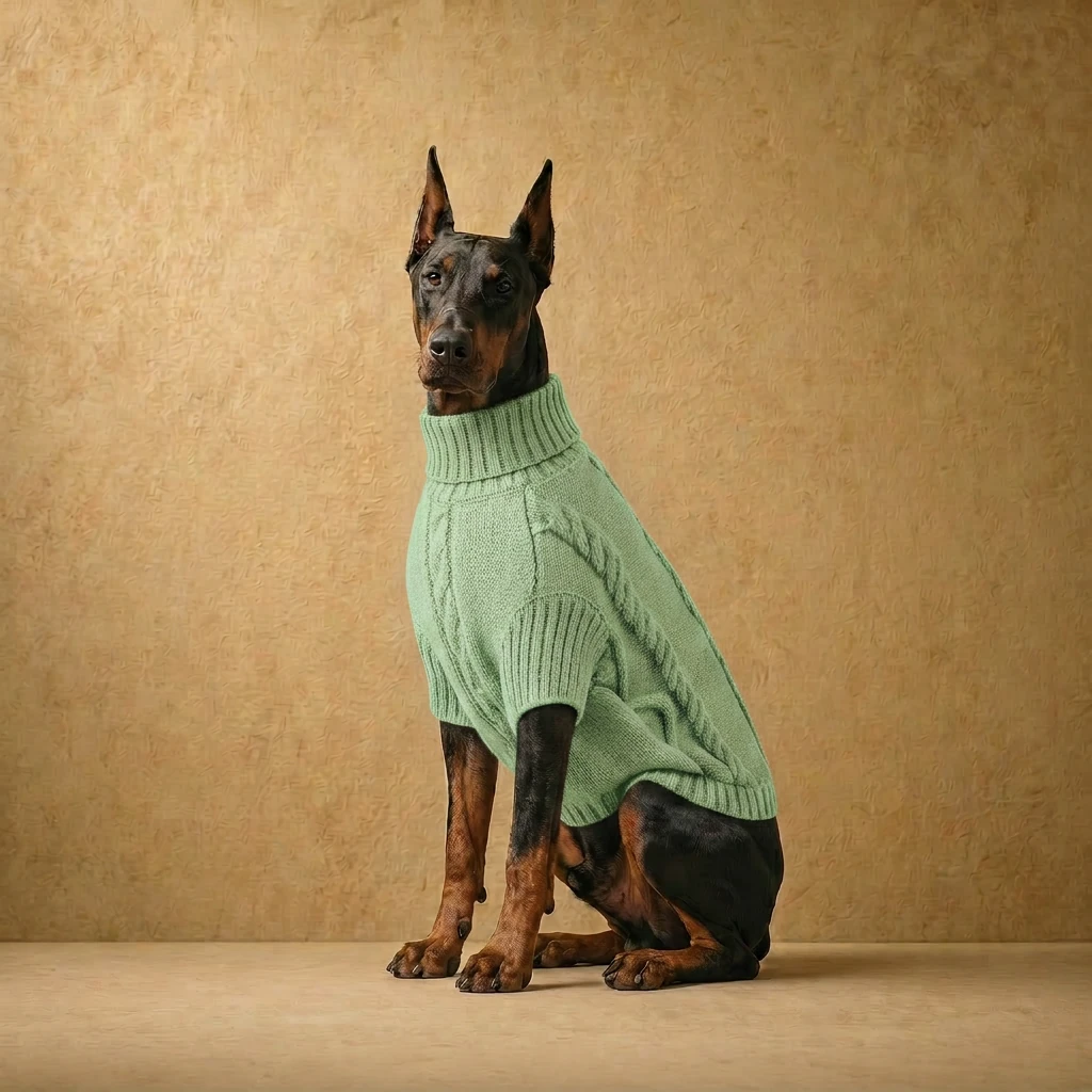 Doberman in a sage green cable-knit sweater with a high turtleneck, tailored for deep-chested builds, showcasing a clean, athletic fit and textured thermal layer.