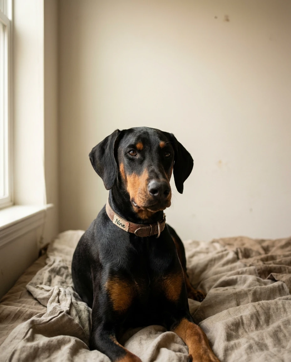 Doberman Nine sits calmly on a soft, textured linen bedspread in a quiet, sunlit room, embodying harmonious pet living with a minimalist, wabi-sabi charm.