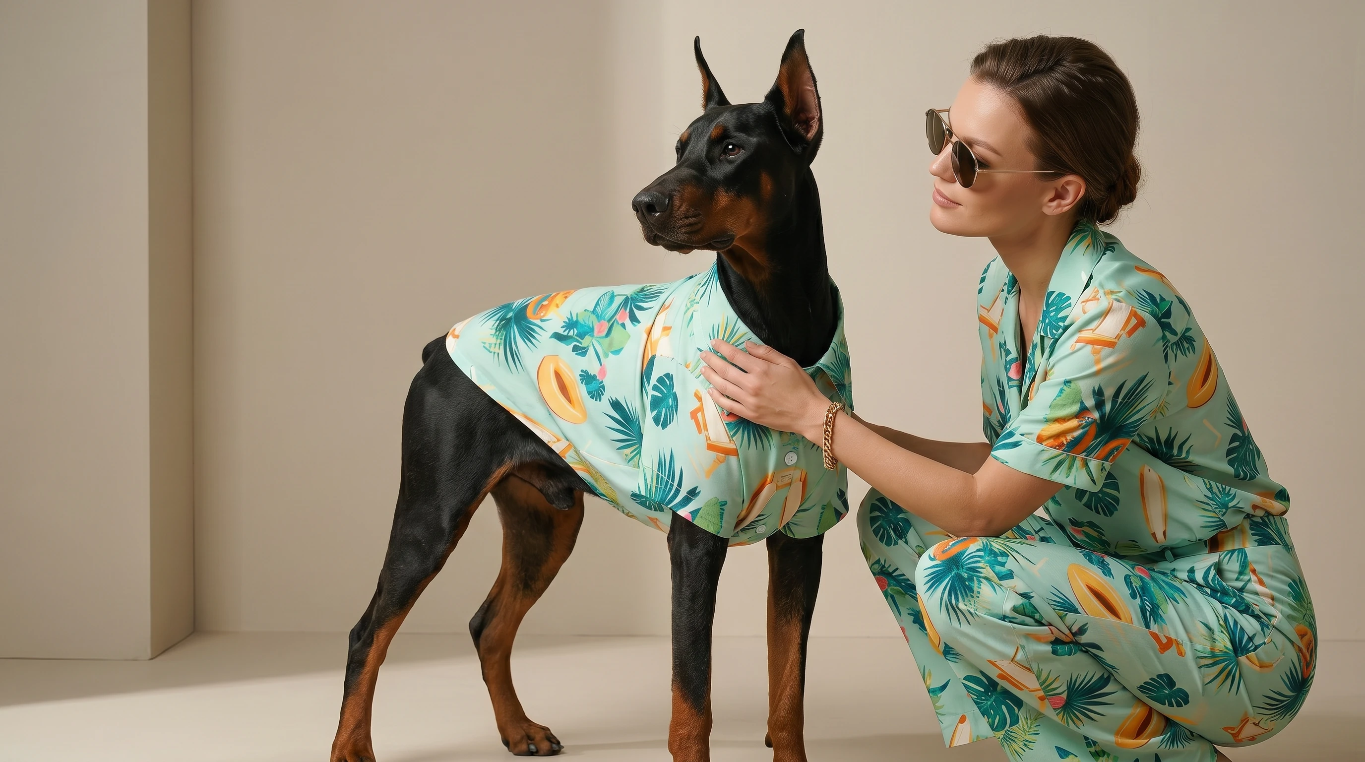 Doberman in lightweight summer shirt with tropical print, articulated for deep-chested frame, paired with matching human wear in soft, bright studio light — calm, functional design for large breeds.