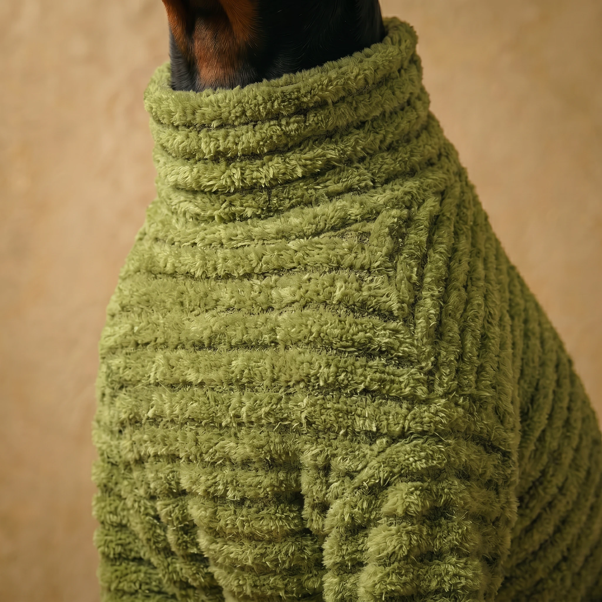 Olive green striped fleece dog sweater with textured ribbed pattern, high neck, and soft plush fabric, designed for Dobermans and deep-chested breeds. Minimalist, functional layer for cold weather.