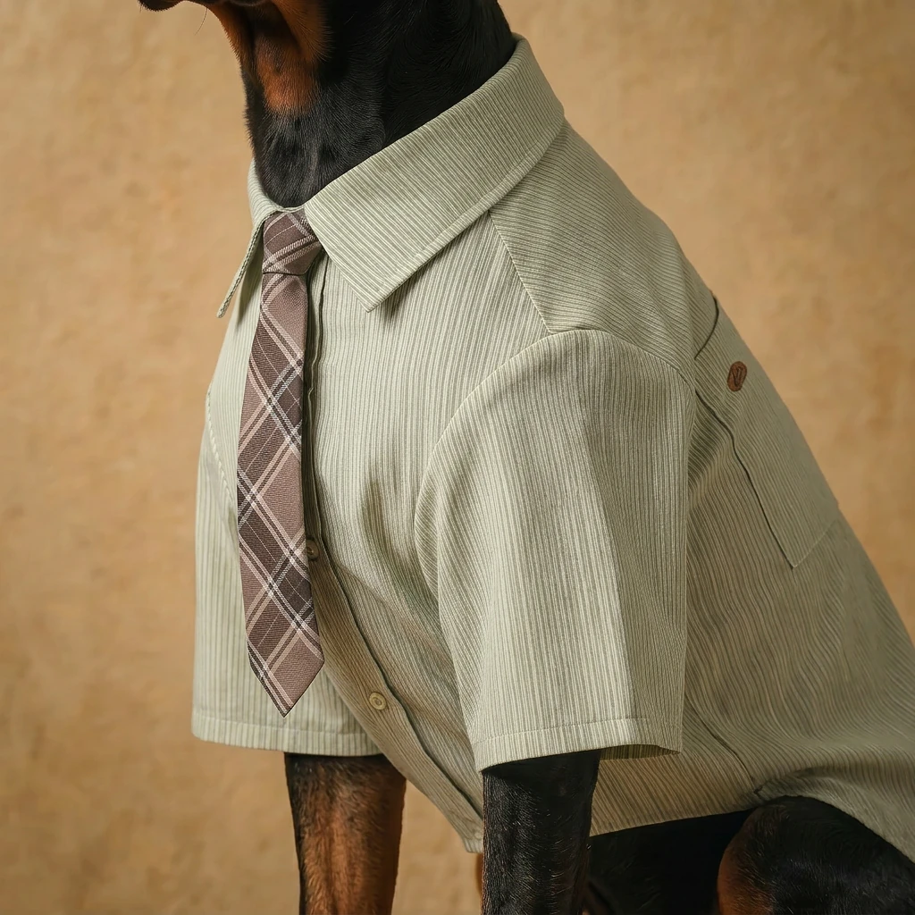 Doberman in NookPaws™ Deep Chest Striped Shirt, a minimalist cotton-linen fit for large breeds, with soft striped texture and tailored collar, showcasing calm, functional dog wear.