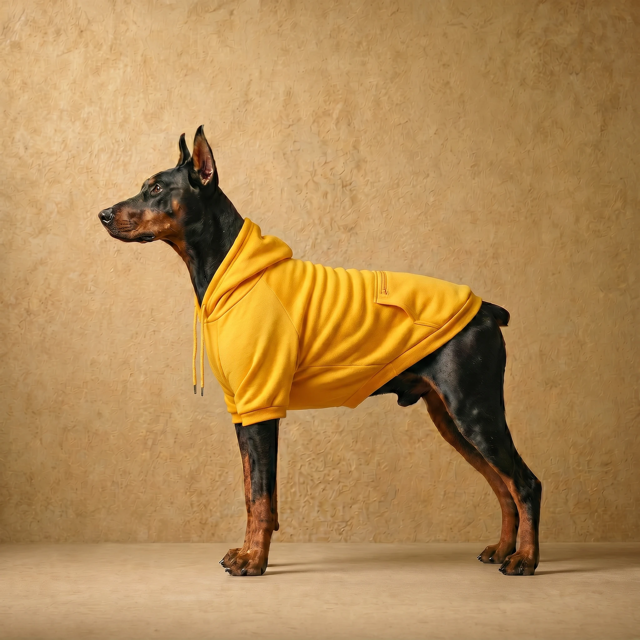 Doberman in a mustard yellow hoodie with a close athletic fit, showcasing the deep chest coverage and clean lines of the garment against a textured neutral backdrop.