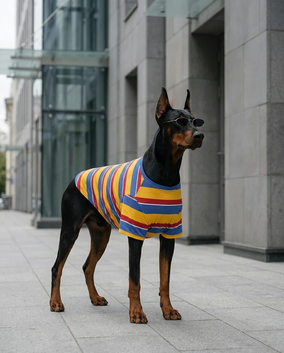 Doberman in NookPaws Deep-Chest Striped Layer, a breathable cotton-blend sweatshirt with bold stripes, styled minimally on a city sidewalk under soft natural light.