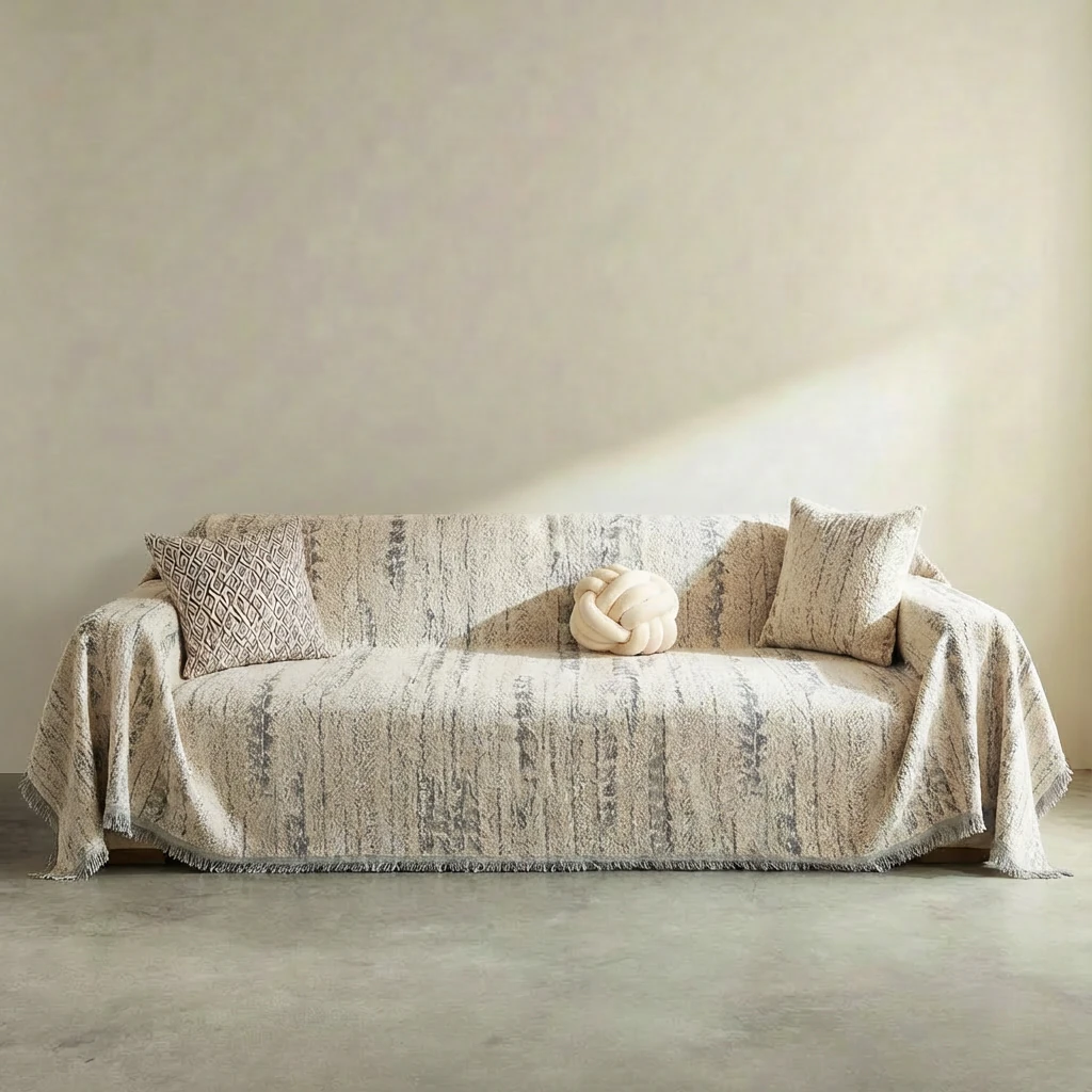 Soft grey woven chenille throw drapes over a minimalist sofa, featuring textured vertical patterns and fringed edges, complementing a calm, wabi-sabi interior with neutral tones and natural light.